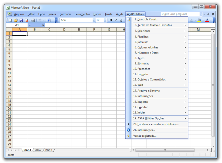 Excel 2003, 2002/XP ou 2000 com ASAP Utilities em seu menu